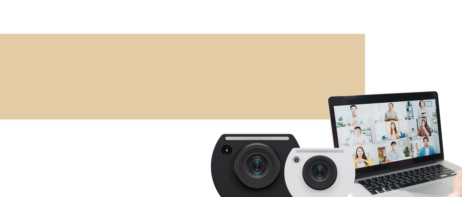 SONY KOREA, 4K 60P IP 원격 카메라, 작고 가벼운 고정형 카메라 화상회의, 강의 및 영상제작까지 라는 문구와 함께 흰 배경에 베이지색 띠가 문구 아래 그어져 있으며, 흰색, 검정색의 SRG-XP1 이미지와 화상회의 중인 화면이 띄워진 노트북의 이미지가 함께 있습니다.